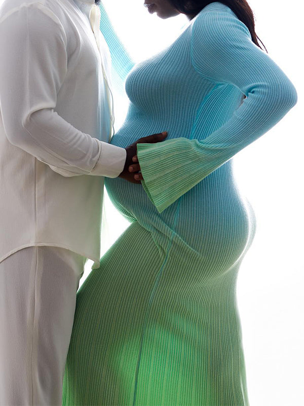 Momsmood Light Blue Hit Color Flare Sleeve Mermaid Elegant Photoshoot Baby Shower Maternity Maxi Sweater Dress