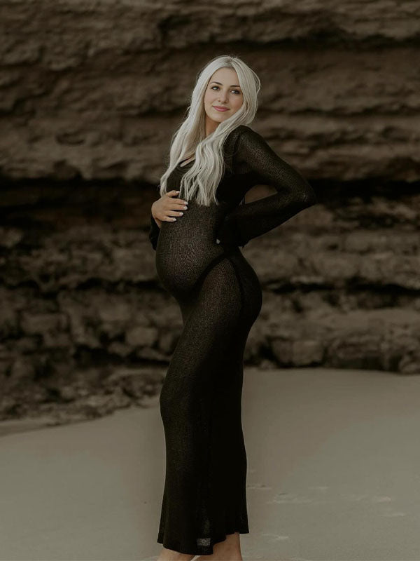 Momsmood Black Backless Tie Cut Out Flare Sleeve Beach Elegant Photoshoot Maternity Maxi Dress