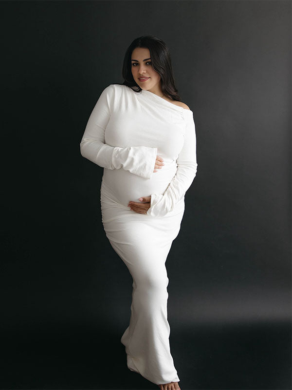 Momsmood White One Shoulder Mermaid Flare Sleeve Elegant Baby Shower Photoshoot Maternity Maxi Dress