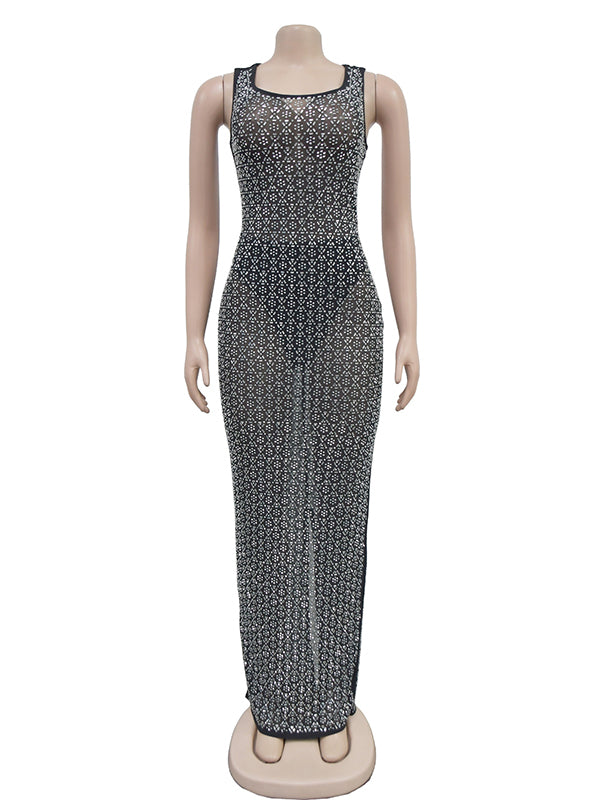 Momsmood Diamond Sparkly Rhinestone Back Slit Mesh Sheer Elegant Photoshoot Baby Shower Maternity Maxi Dress
