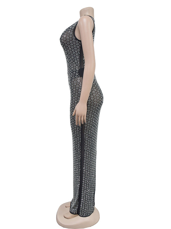 Momsmood Diamond Sparkly Rhinestone Back Slit Mesh Sheer Elegant Photoshoot Baby Shower Maternity Maxi Dress