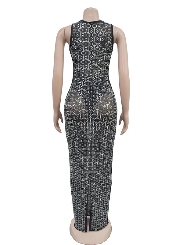 Momsmood Diamond Sparkly Rhinestone Back Slit Mesh Sheer Elegant Photoshoot Baby Shower Maternity Maxi Dress