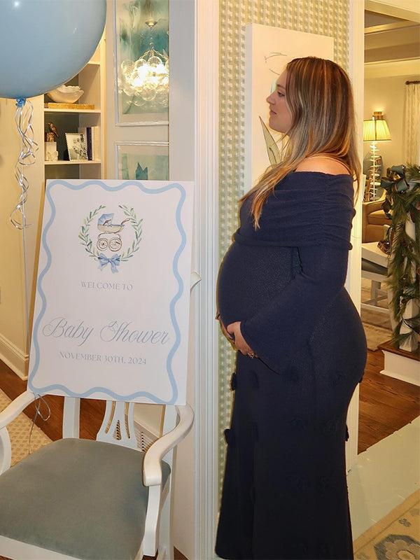 Momsmood Navy Blue Off Shoulder 3D Flowers Flare Sleeve Mermaid Bodycon Photoshoot Baby Shower Maternity Maxi Dress
