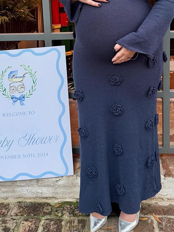 Momsmood Navy Blue Off Shoulder 3D Flowers Flare Sleeve Mermaid Bodycon Photoshoot Baby Shower Maternity Maxi Dress