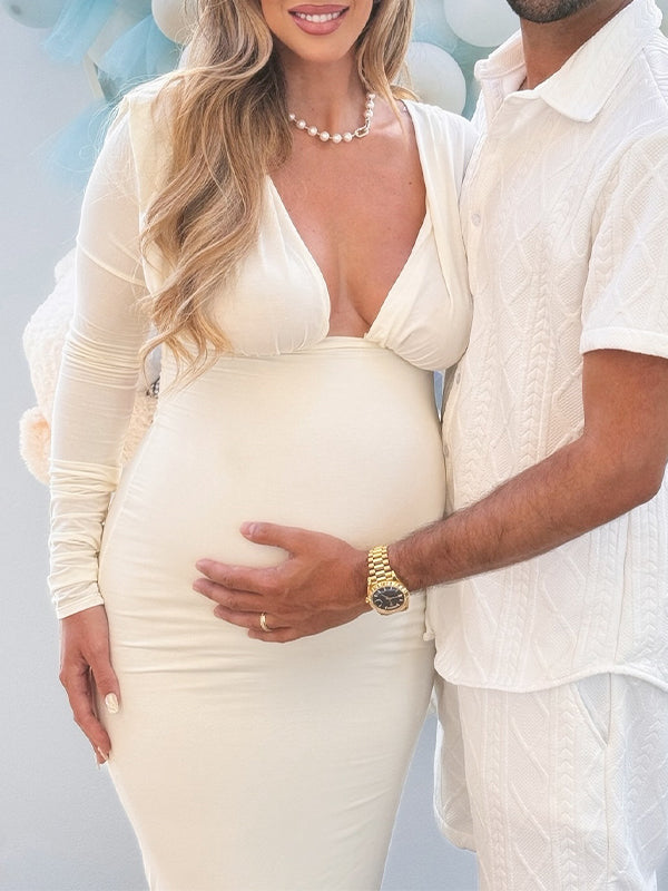 Momsmood White Deep V-neck Bodycon Elegant Evening Photoshoot Baby Shower Maternity Maxi Dress