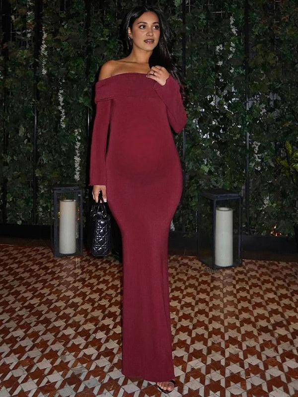 Momsmood Off Shoulder Backless Bodycon Elegant Christmas Evening Photoshoot Baby Shower Maternity Maxi Dress