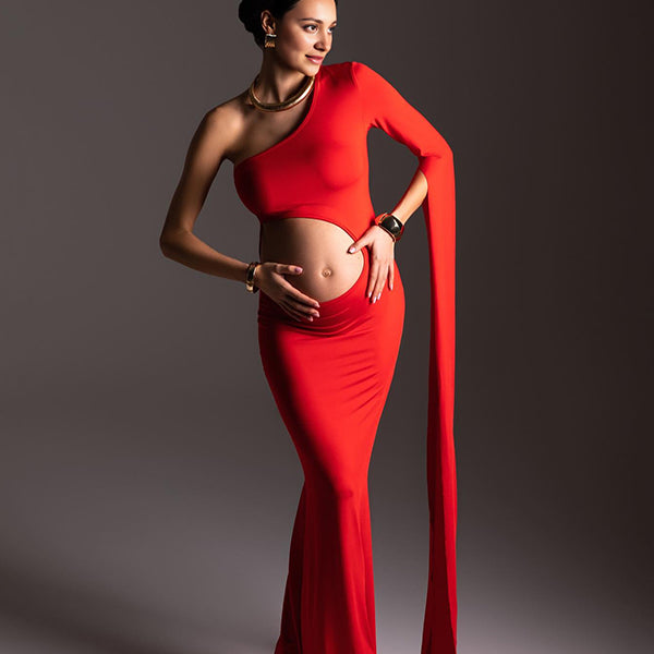 Momsmood Red One Slit Sleeve Cut Out Bodycon Elegant Photoshoot Maternity Maxi Dress
