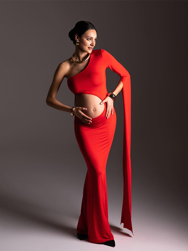 Momsmood Red One Slit Sleeve Cut Out Bodycon Elegant Photoshoot Maternity Maxi Dress