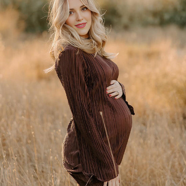 Momsmood Brown Pleated Ruffle Belted Elegant Photoshoot Baby Shower Maternity Maxi Dress