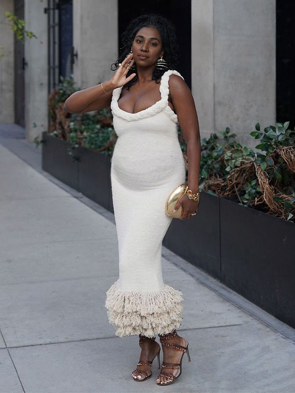 Momsmood White Fried Dough Twists Tassel Mermaid Bodycon Elegant Photoshoot Baby Shower Maternity Maxi Dress