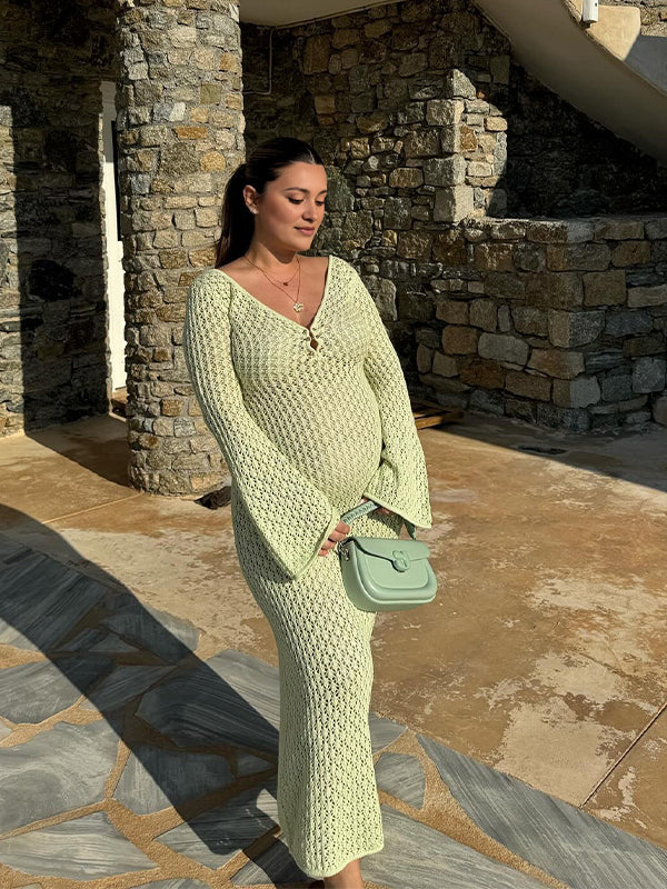 Momsmood Cut Out Knit V-neck Flare Sleeve Backless Elegant Photoshoot Baby Shower Maternity Maxi Dress