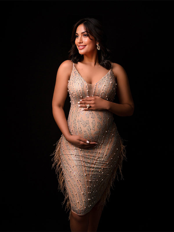 Momsmood Beige Sparkly Diamond Rhinestone Mesh Tassel Sheer Bodycon Elegant Photoshoot Maternity Midi Dress