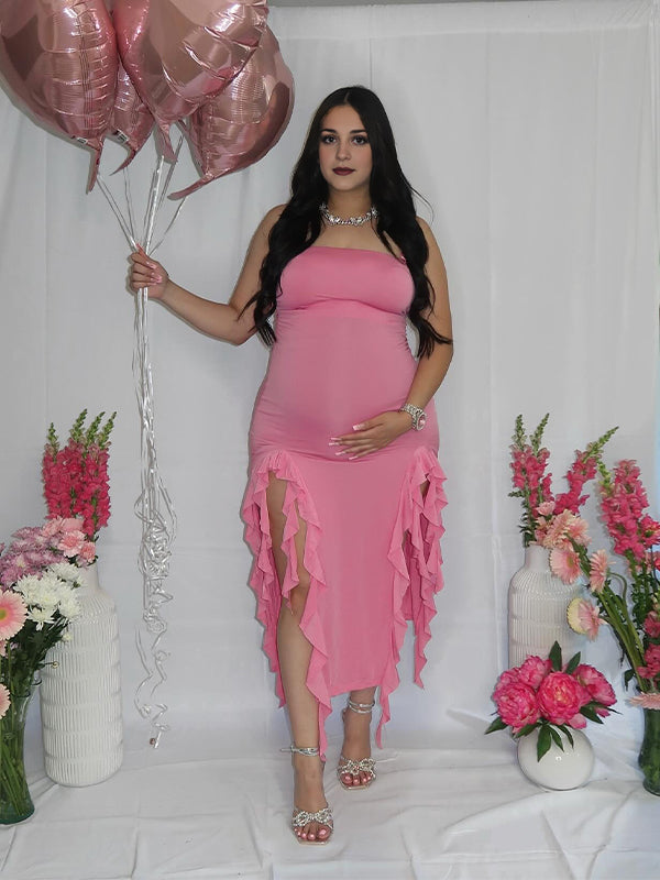 Momsmood Rose Carmine Ruffle Slit Bodycon Fashion Party Photoshoot Babyshower Maternity Midi Dress