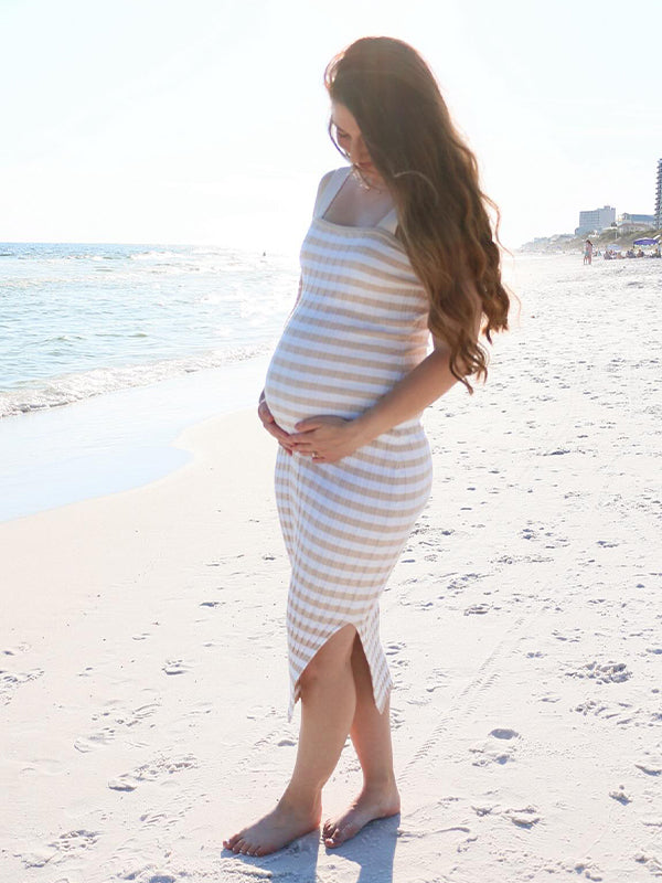 Momsmood Striped Side Slit Bodycon Casual Photoshoot Baby Shower Maternity Midi Dress