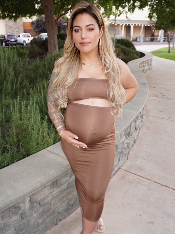 Momsmood Coffee 2-in-1 Solid Color Bodycon Fashion Party Baby Shower Maternity Midi Dress