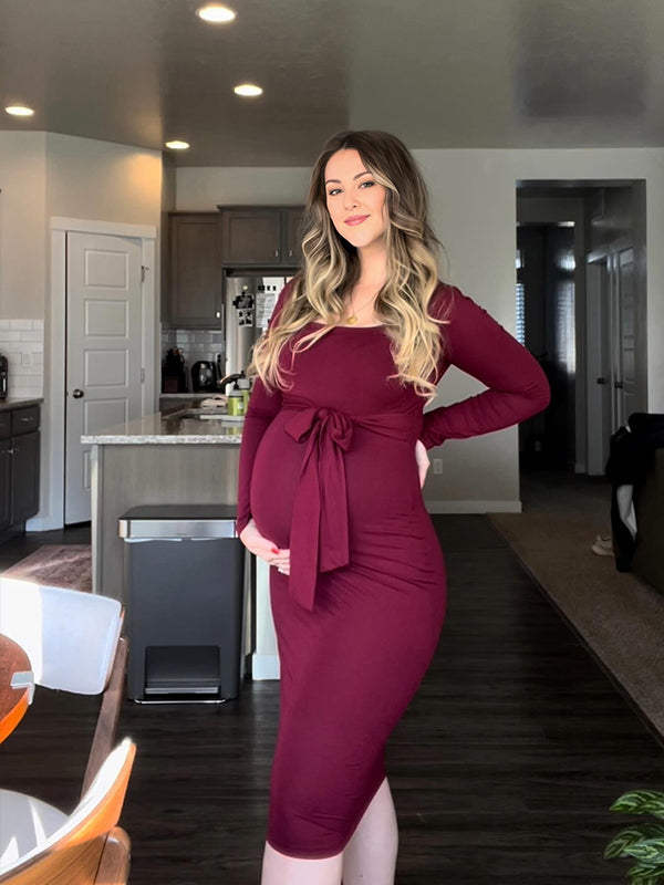 Momsmood Burgundy Belt Square Neck Bodycon Elegant Christmas Going Out Maternity Midi Dress