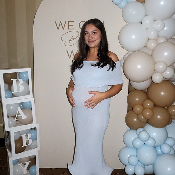 Momsmood Light Blue Knit Off Shoulder Wire Ripple Hem Bodycon Elegant Cocktail Party Maternity Baby Shower Midi Dress