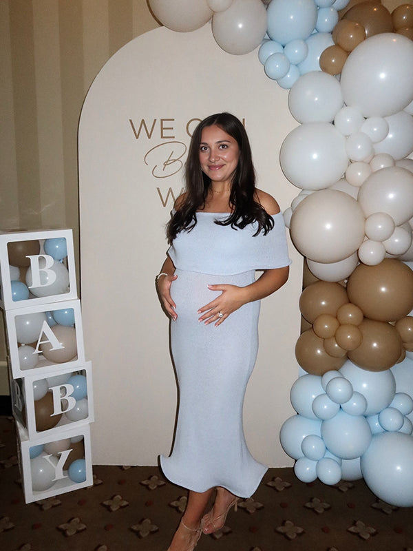 Momsmood Light Blue Knit Off Shoulder Wire Ripple Hem Bodycon Elegant Cocktail Party Maternity Baby Shower Midi Dress