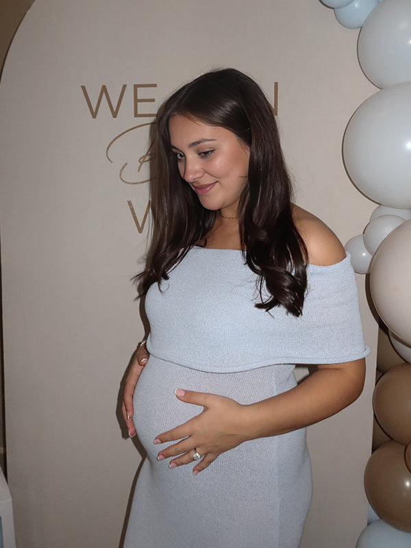Momsmood Light Blue Knit Off Shoulder Wire Ripple Hem Bodycon Elegant Cocktail Party Maternity Baby Shower Midi Dress