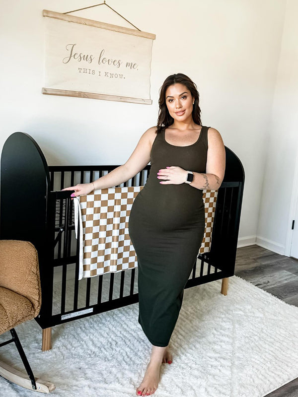 Momsmood Black U-neck Solid Sleeveless Acrylic Bodycon Daily Basic Going Out Maternity Midi Dress