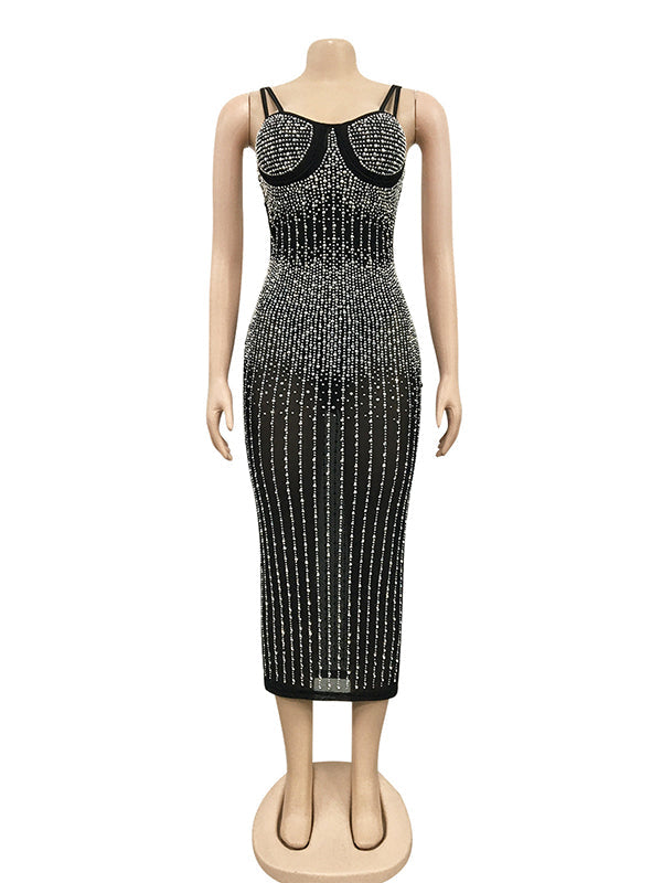 Momsmood Black Sparkly Diamond Rhinestone Sheer Bodycon Elegant Photoshoot Maternity Midi Dress