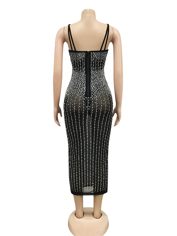 Momsmood Black Sparkly Diamond Rhinestone Sheer Bodycon Elegant Photoshoot Maternity Midi Dress