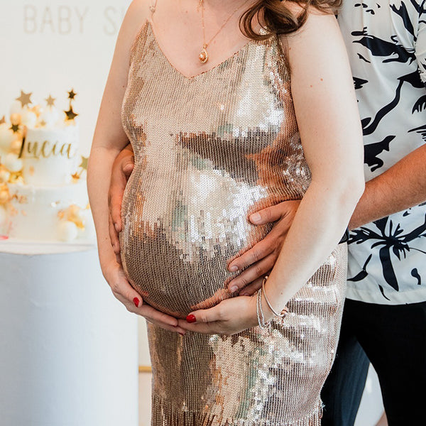Momsmood Champagne Sequin Tassel Backless Bodycon Cocktail Party Baby Shower Maternity Midi Dress