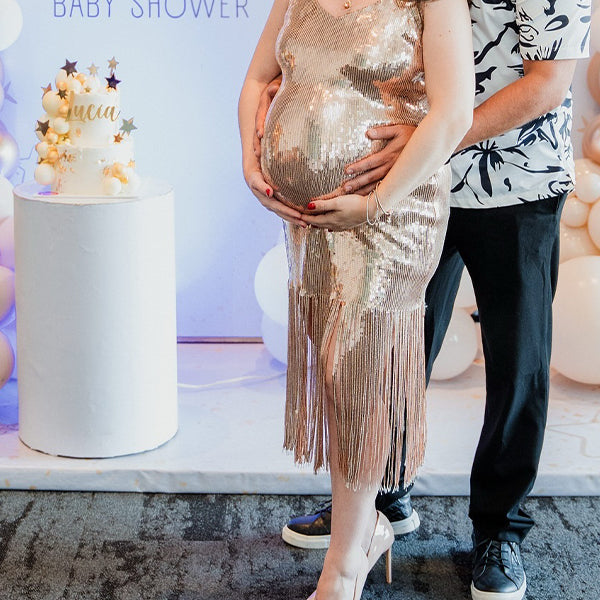 Momsmood Champagne Sequin Tassel Backless Bodycon Cocktail Party Baby Shower Maternity Midi Dress