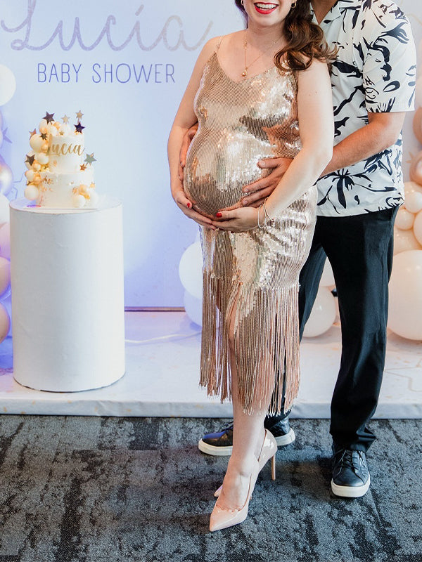 Momsmood Champagne Sequin Tassel Backless Bodycon Cocktail Party Baby Shower Maternity Midi Dress