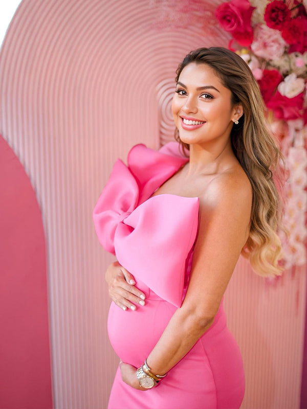 Momsmood Rose Carmine Ruffle Bow Falbala One Shoulder Bodycon Plus Size Maternity Mini Dress