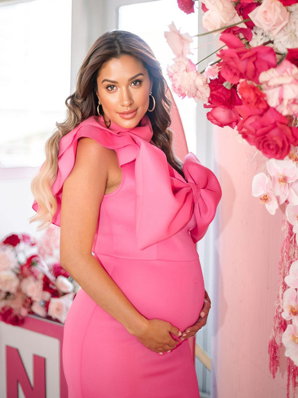 Momsmood Rose Carmine Ruffle Bow Falbala One Shoulder Bodycon Plus Size Maternity Mini Dress