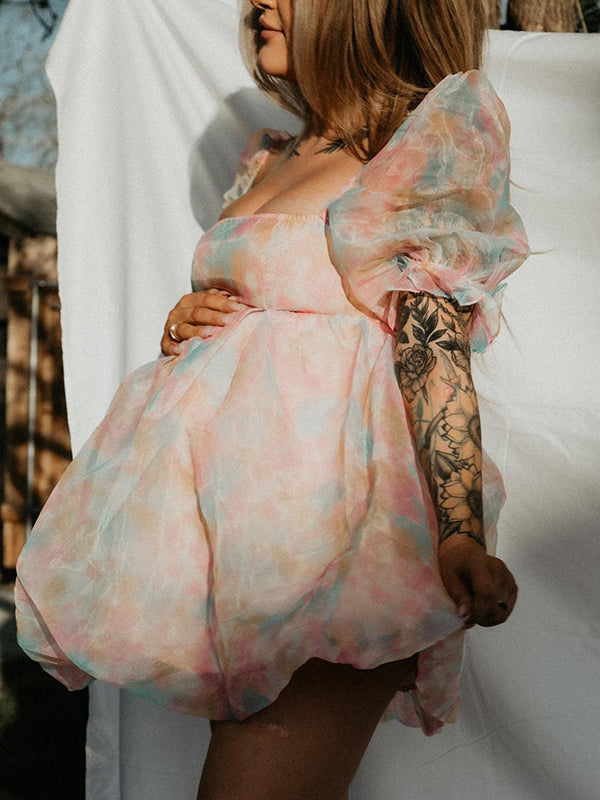 Momsmood Pink-Blue Tie Dye Grenadine Puff Sleeve A-line Puffy Tulle Sweet Gender Reveal Maternity Photoshoot Baby Shower Mini Dress