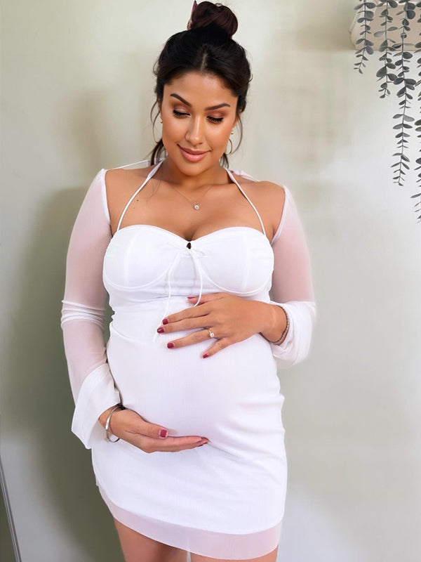 Momsmood White Mesh Square Neck Cami Flare Sleeve Bodycon Chic Party Clubwear Maternity Photoshoot Baby Shower Mini Dress