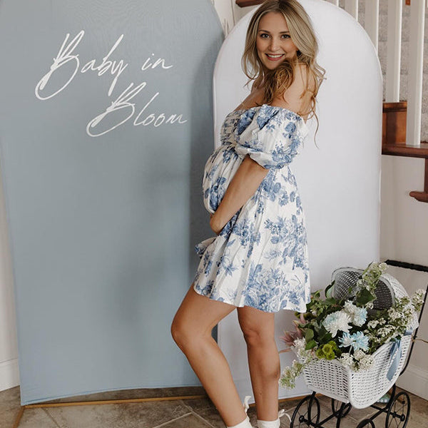 Momsmood Blue Floral Ruched Off Shoulder A-line Puff Sleeve Sweet Going Out Maternity Photoshoot Baby Shower Mini Dress