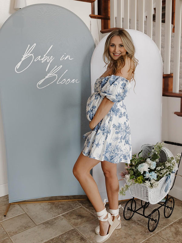 Momsmood Blue Floral Ruched Off Shoulder A-line Puff Sleeve Sweet Going Out Maternity Photoshoot Baby Shower Mini Dress