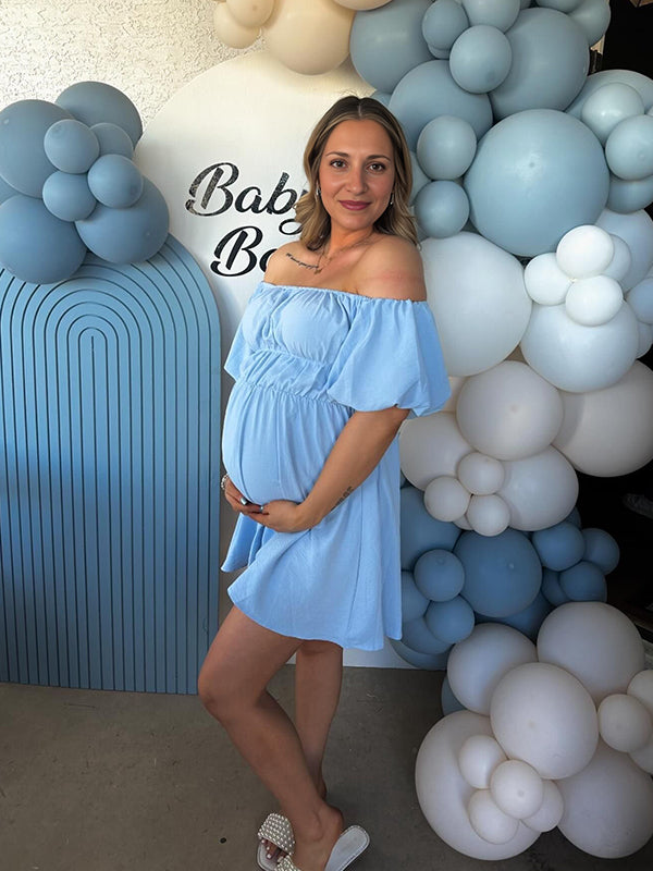 Momsmood Blue Off Shoulder Puff Sleeve A-line Elegant Going Out Daily Maternity Photoshoot Baby Shower Mini Dress