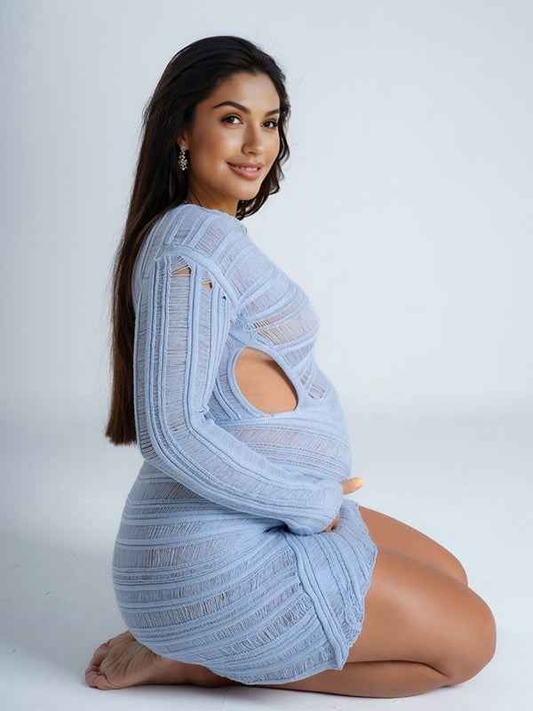 Momsmood Blue Knitwear Cut Out Bodycon Long Sleeve Bodycon Photoshoot Maternity Mini Dress