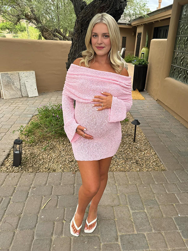 Momsmood Pink Off Shoulder Knitwear Bodycon Going Out Dress Cute Baby Shower Maternity Mini Dress