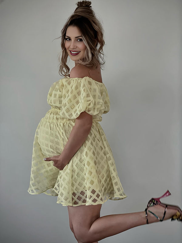 Momsmood Yellow Plaid Off Shoulder Puff Sleeve A-line Square Neck Elegant Daily Going Out Maternity Photoshoot Baby Shower Mini Dress