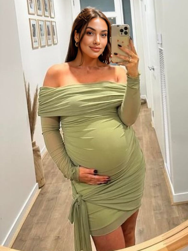 Momsmood Green Mesh Ruched Knot Draped Off Shoulder Bodycon Elegant Cocktail Party Maternity Photoshoot Baby Shower Mini Dress