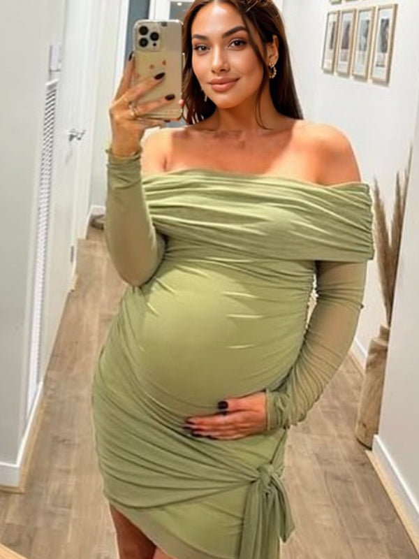 Momsmood Green Mesh Ruched Knot Draped Off Shoulder Bodycon Elegant Cocktail Party Maternity Photoshoot Baby Shower Mini Dress