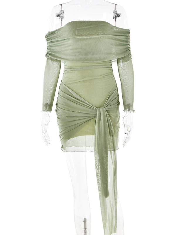 Momsmood Green Mesh Ruched Knot Draped Off Shoulder Bodycon Elegant Cocktail Party Maternity Photoshoot Baby Shower Mini Dress