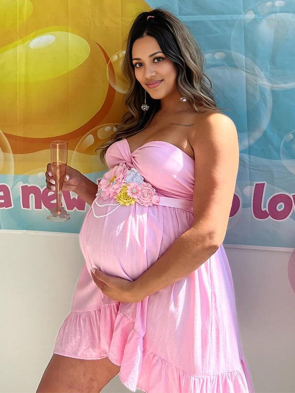 Momsmood Pink Bandeau Twist Front Ruffle Falbala Strapless Backless A-line Sweet Daily Going Out Maternity Photoshoot Baby Shower Mini Dress