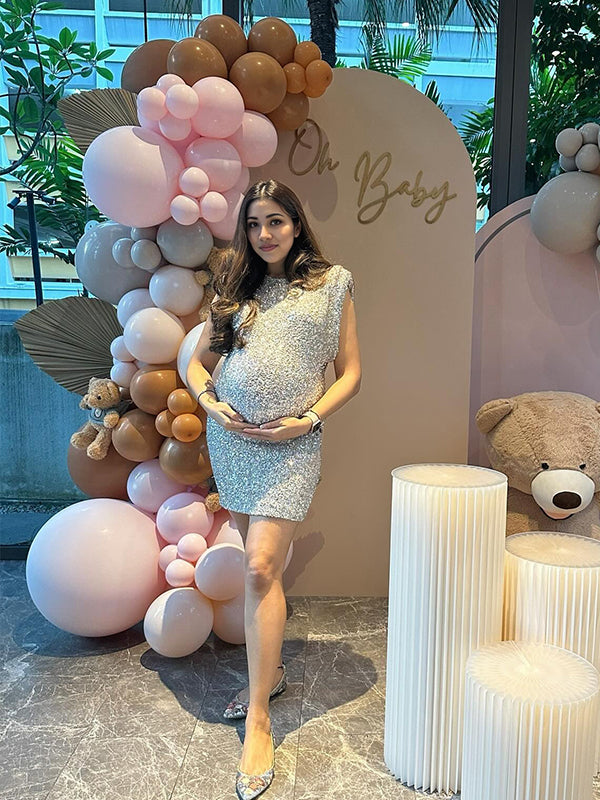 Momsmood Sparkle Sequin Shoulder Pads High Neck Sleeveless Bodycon Elegant Cocktail Party Maternity Photoshoot Baby Shower Mini Dress