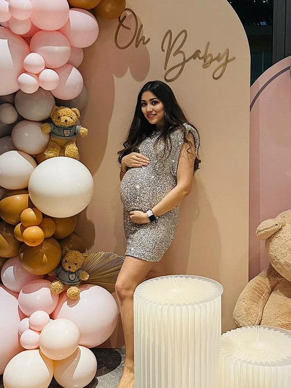 Momsmood Sparkle Sequin Shoulder Pads High Neck Sleeveless Bodycon Elegant Cocktail Party Maternity Photoshoot Baby Shower Mini Dress