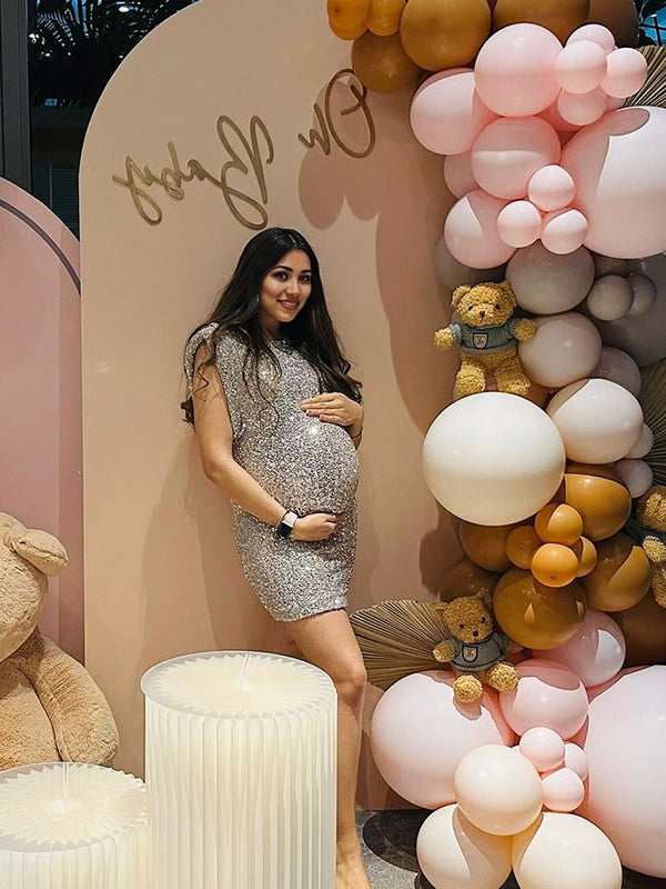 Momsmood Sparkle Sequin Shoulder Pads High Neck Sleeveless Bodycon Elegant Cocktail Party Maternity Photoshoot Baby Shower Mini Dress