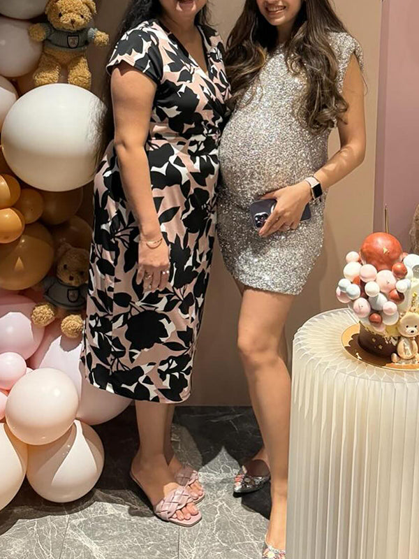 Momsmood Sparkle Sequin Shoulder Pads High Neck Sleeveless Bodycon Elegant Cocktail Party Maternity Photoshoot Baby Shower Mini Dress