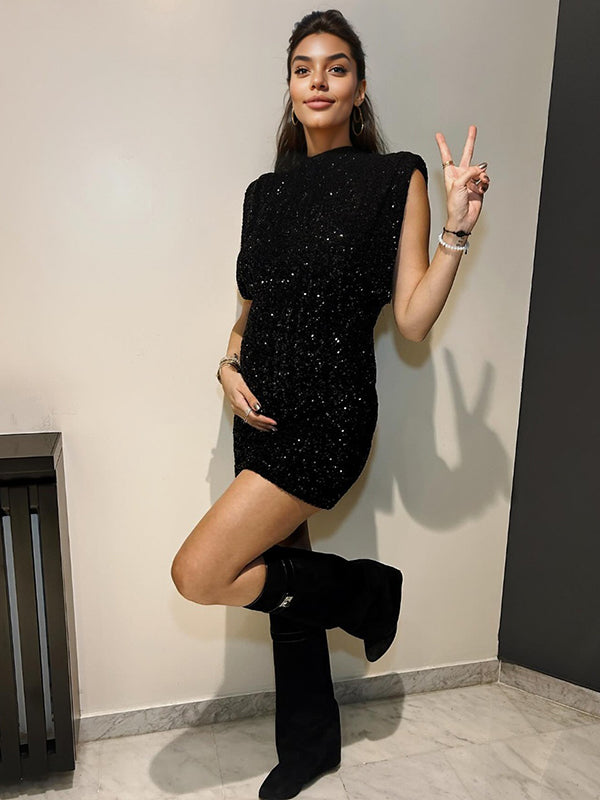 Momsmood Sparkle Sequin Shoulder Pads High Neck Sleeveless Bodycon Elegant Cocktail Party Maternity Photoshoot Baby Shower Mini Dress