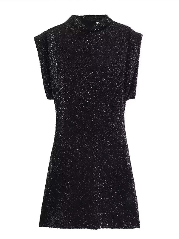 Momsmood Sparkle Sequin Shoulder Pads High Neck Sleeveless Bodycon Elegant Cocktail Party Maternity Photoshoot Baby Shower Mini Dress