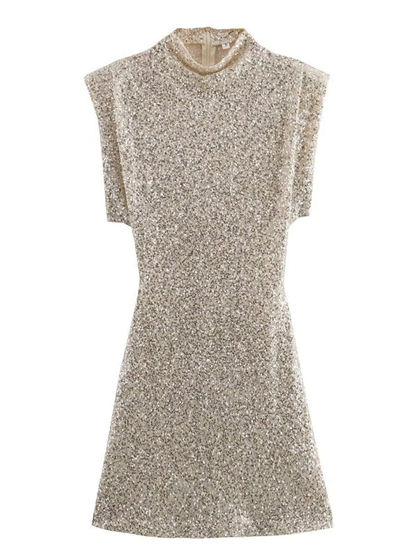 Momsmood Sparkle Sequin Shoulder Pads High Neck Sleeveless Bodycon Elegant Cocktail Party Maternity Photoshoot Baby Shower Mini Dress